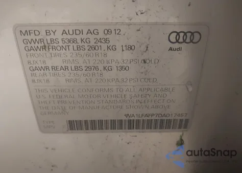 2013 Audi Q5 2.0T Premium from USA, damaged, VIN WA1LFAFP7DA017457